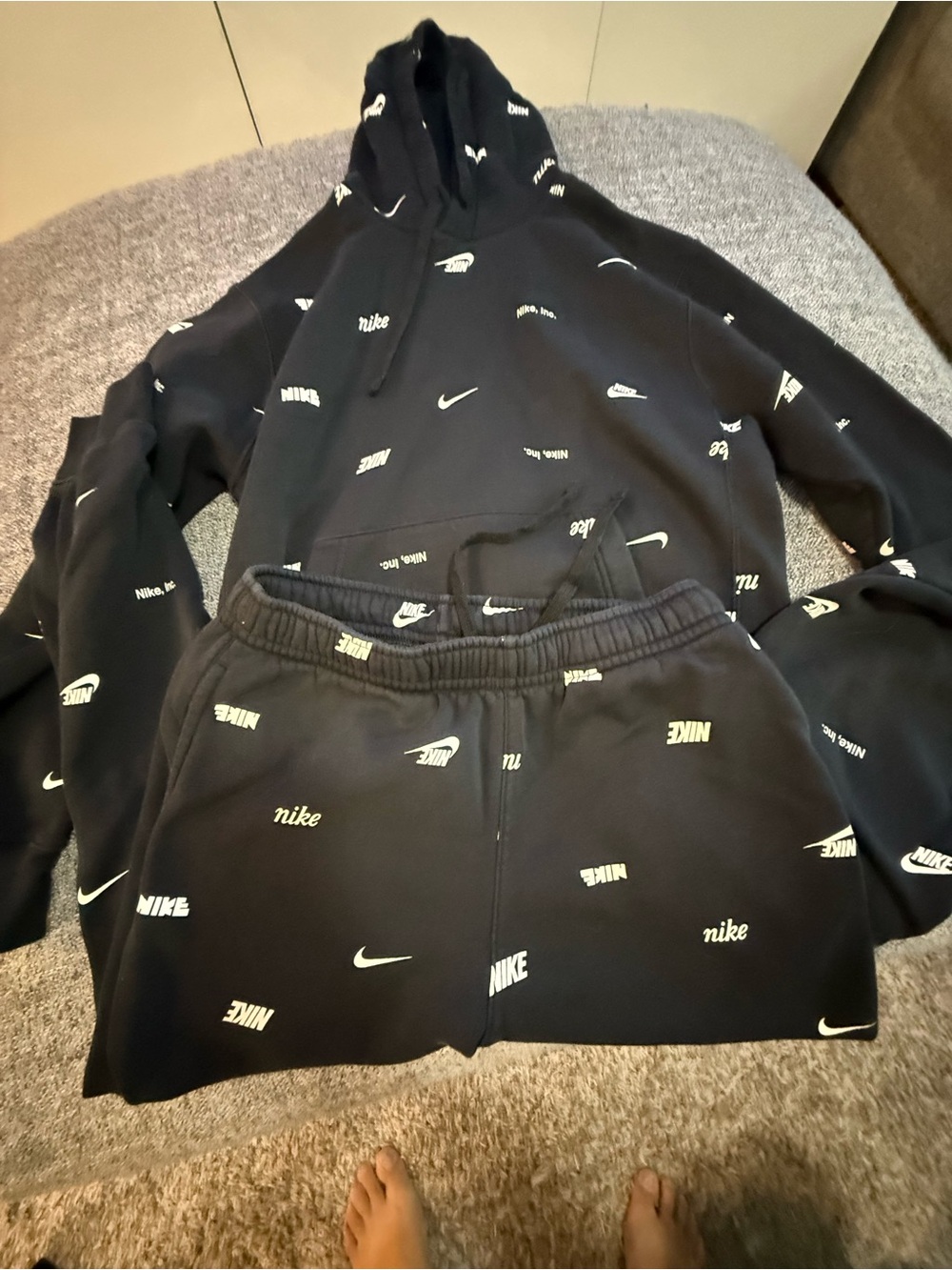 Nike Black Allover Logo Hoodie and Shorts Set